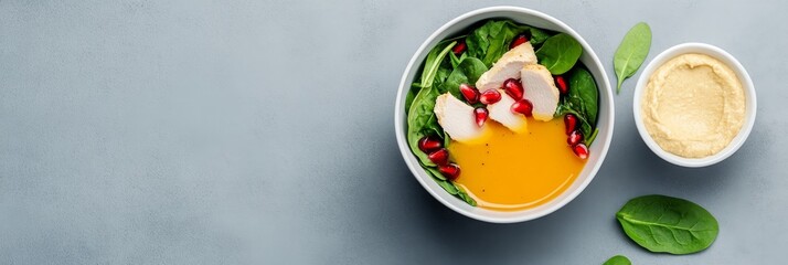 Healthy Chicken Salad Bowl with Pomegranate and Hummus - A vibrant and healthy meal featuring grilled chicken, spinach, pomegranate seeds, creamy hummus, and a delicious pumpkin soup base.  Nutritious