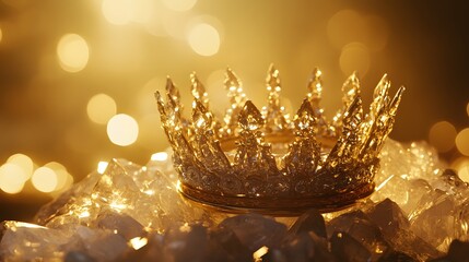 A glowing crown resting atop a crystal pedestal in a room filled with golden light.