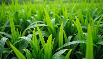 Obraz premium Lush green lawn grass glistening with morning dew in a serene outdoor space