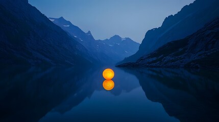 A glowing orb floating in the center of a tranquil lake casting light onto surrounding mountains.