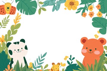 Naklejka premium Fun and colorful kids printable background featuring friendly animals and vibrant jungle plants
