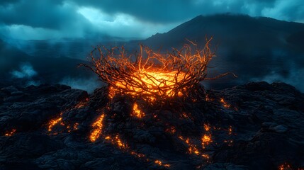 A glowing phoenix nest made of fiery branches atop a towering volcanic spire.