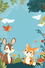 Naklejka premium Colorful printable background featuring friendly animals in a vibrant forest setting ideal for kids