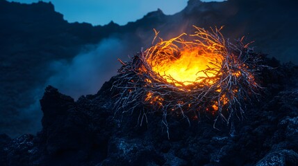 A glowing phoenix nest made of fiery branches atop a towering volcanic spire.