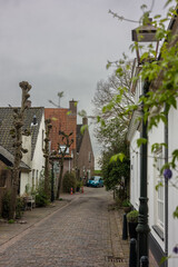 Wijk bij Duurstede, Utrecht region, Holland - 09.07.2024:A narrow cobblestone street lined with quaint houses and pruned trees, leading to a blue car in the distance. Soft greenery frames