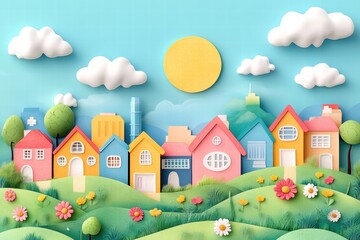 Bright kids printable background featuring colorful houses, trees, and a sunny sky