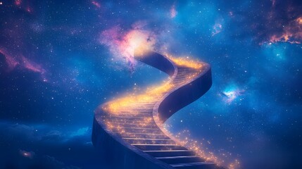 A glowing spiral staircase ascending into a celestial sky filled with stars and nebulae.