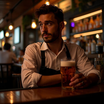 Retrato hombre joven sujetando un vaso de cerveza en la barra de un bar vestido con una camisa blanca y un pantal&oacute;n de peto