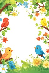 Colorful printable background for kids featuring cheerful birds and blooming flowers in a vibrant garden
