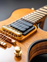 Intricate Handcrafted Guitar Showcase - Artisan-made guitar, showcasing exquisite craftsmanship, rich wood tones, detailed fretwork, and gleaming gold hardware.  Symbolises artistry, precision, passio