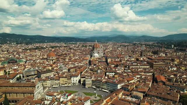 Aerial panoramic view of cityscape of Florence, famous historical city in Italy, Duomo, landscape panorama of Italy from above