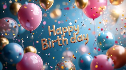 Festive birthday greeting with colorful balloons and confetti.