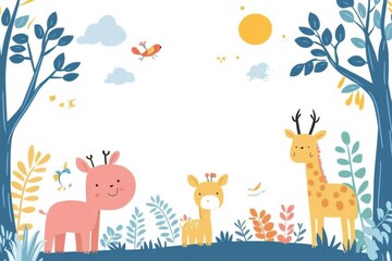 Colorful printable background featuring cheerful animals in a nature setting for kids