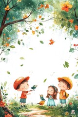 Colorful kids printable background with children interacting with birds in a lush forest setting