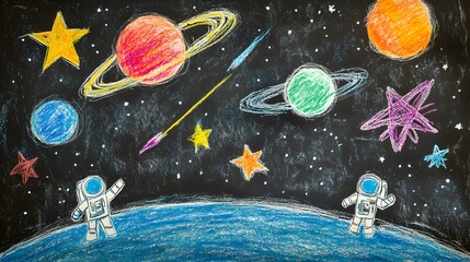 A kids drawing of a space adventure with planets astronauts and shooting stars.