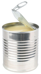 Condensed milk. Sweet condensed milk in tin can for cake, coffee. Food sealed can. Steel and tin cans. Canned food. Metal container. Preserving can. Conserved product. Food Store. Isolated background