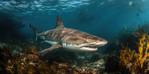 Shark swimming near seaweed