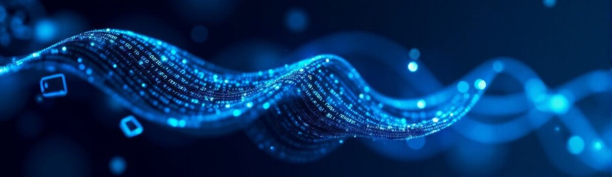 Flowing binary code in bright blue with light rays and lens flare