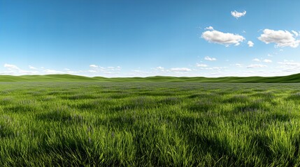 Obraz premium Expansive green grass field under a clear blue sky with fluffy clouds, creating a serene and tranquil landscape.