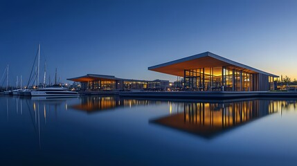 Obraz premium A luxury marina with angular pavilions glowing under warm evening lights reflecting on the calm water.