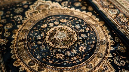 Fototapeta premium An ornate Ramazan-themed prayer rug with intricate patterns and a beautifully designed qibla indicator