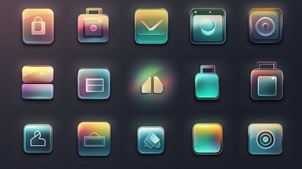 Colorful square glass app icons set.