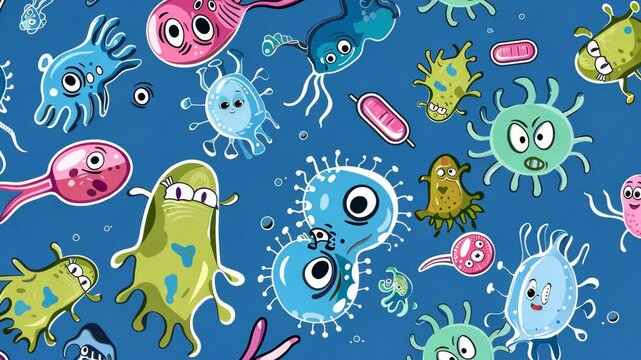 Cartoon bacteria, viruses and germs on a blue background. Illustration of the diversity of microorganisms.