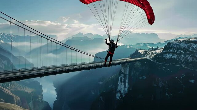 A man is flying with a red parachute over a large bridge. Skydiving. Extreme sport.