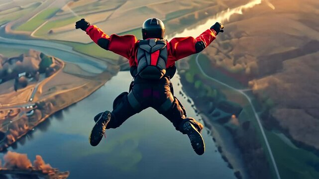 A man is flying through the air with closed parachute. Skydiving with a large river and bridge in the background. Skydiver during free fall.
