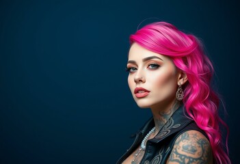 Naklejka premium Extravagant, avant-garde portrait of a woman with pink hair and tattoos