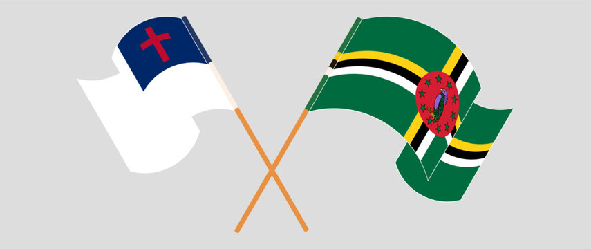 Crossed and waving flags of christianity and Dominica. Vector illustration