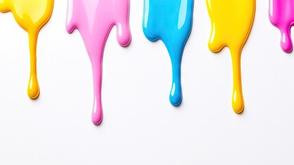 Colorful paint drips in various hues cascade together, creating a vivid, artistic display. The close-up shot shows the intricate blending of colors on a pristine white backdrop