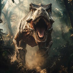 Majestic Tyrannosaurus Rex Roaring in Misty Prehistoric Jungle Wilderness