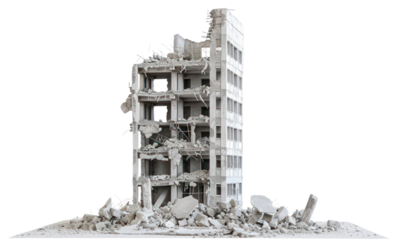 PNG Tower destroyed building architecture demolition rubble.