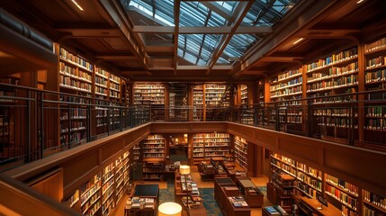 A luxury university library with angular glass skylights and glowing shelves creating a warm inviting space.