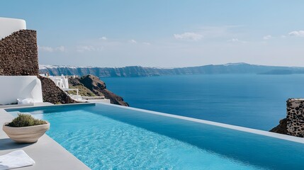 Fototapeta premium A luxury villa with cantilevered levels and a stunning infinity pool overlooking the sea.