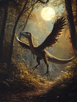 Microraptor Gliding Between Trees Under Soft Moonlight in a Mysterious Nocturnal Scene