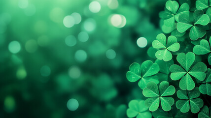 Fototapeta premium Background of green clovers against an out of focus background for a Saint Patrick's Day themed advertisement.
