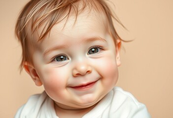 Naklejka premium Cute baby portrait with gentle smile and bright eyes