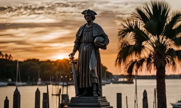 Statue of Christopher Columbus in a city.