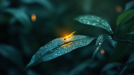 Glowing firefly on dew-covered leaf at night.