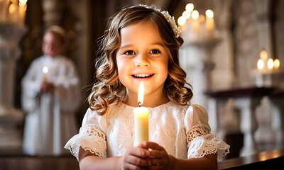 Girl at communion with cake.