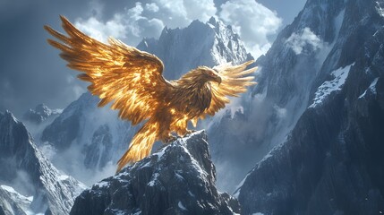 A majestic gryphon with glowing golden feathers perched on a crystal mountain peak.
