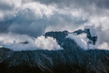 Panoramic view of the Rosengarten group, mountains in the Dolomites in Italy.