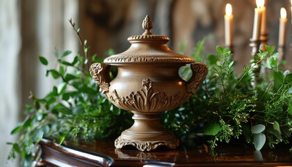 Fototapeta premium Elegant funeral urn surrounded by greenery with candlelight ambiance