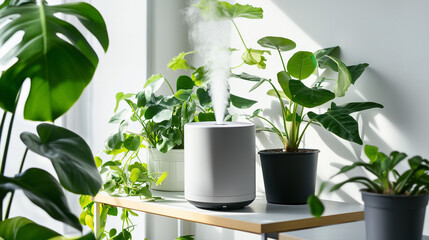 Air humidifier with plants for winter allergy tips in a bright indoor setting