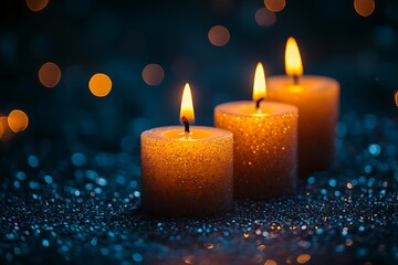 black Christmas background with colorful lights burning candles and decorative snowflakes in the foreground. High quality photo