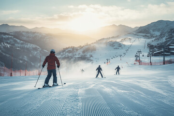 Skiers warm up and stretch under the morning sun on a beautiful mountain before an exciting race event
