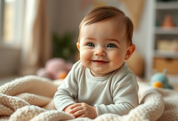 Fototapeta premium Cute baby portrait with soft focus and warm lighting