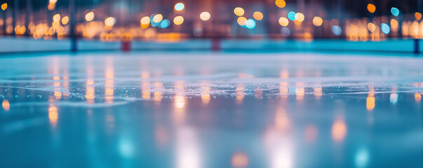 Dusk falls on a serene Olympic ice rink illuminated by soft lights creating a magical atmosphere
